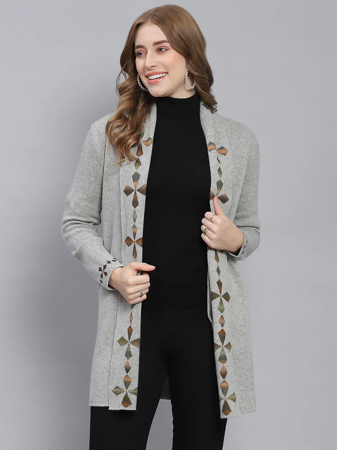 Women Grey Self Design Front Open Full Sleeve Cardigans - Image 3