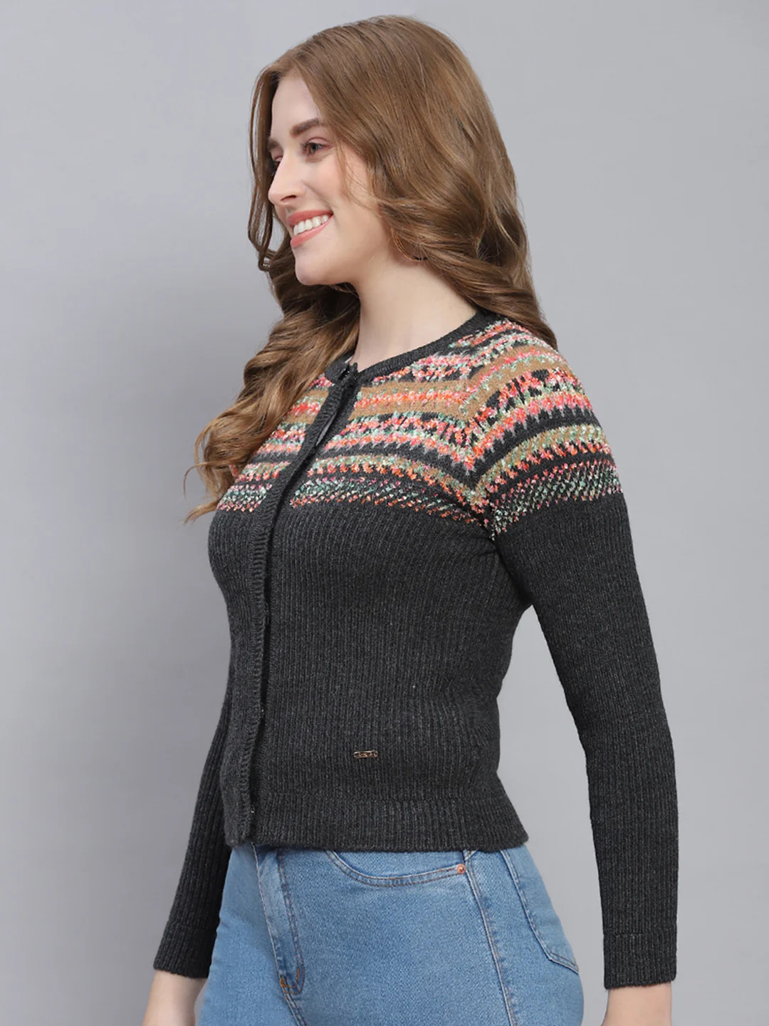 Women Grey Self Design Round Neck Full Sleeve Cardigans - Image 3