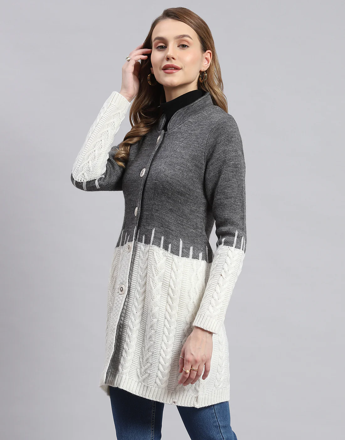 Women Grey Self Design Round Neck Full Sleeve Coats - Image 3