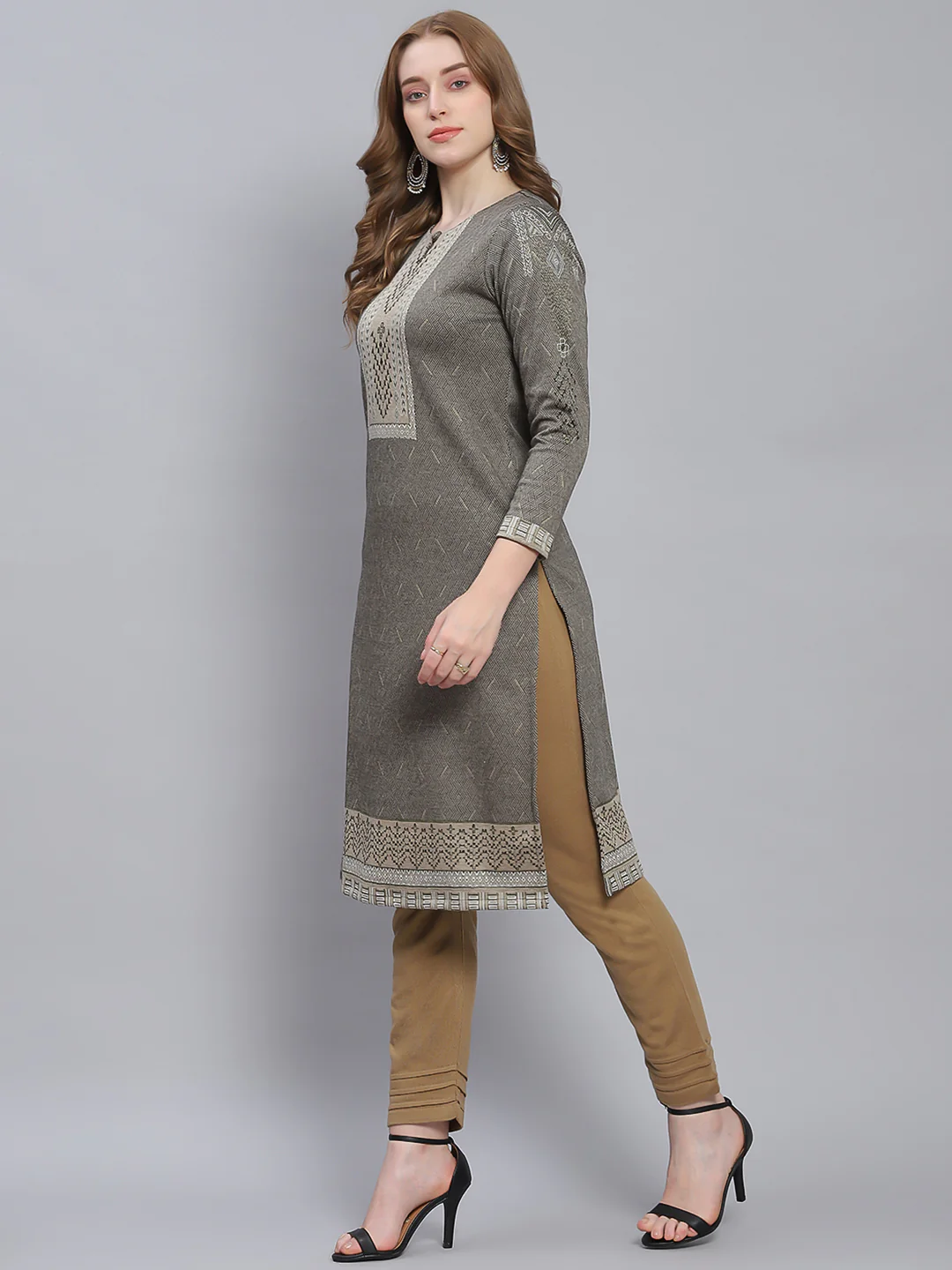 Women Grey Self Design Round Neck Full Sleeve Kurtis - Image 4