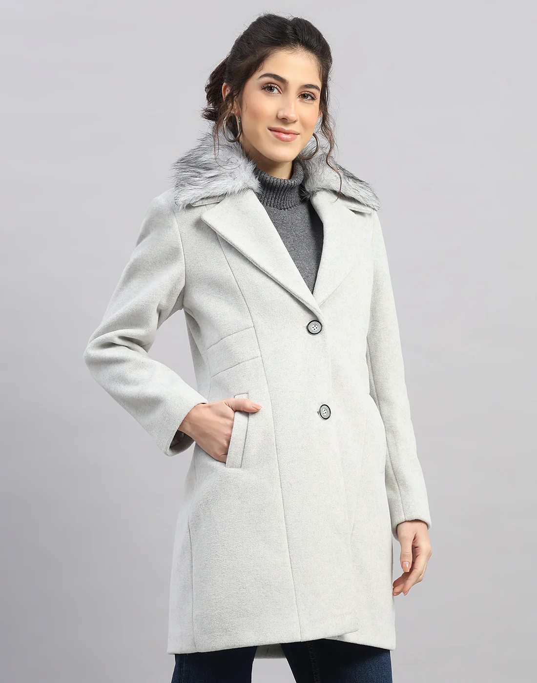 Women Grey Solid Collar Full Sleeve Coat - Image 3