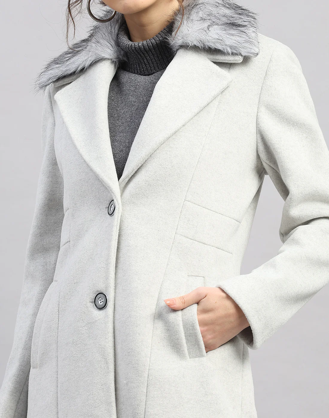 Women Grey Solid Collar Full Sleeve Coat - Image 8