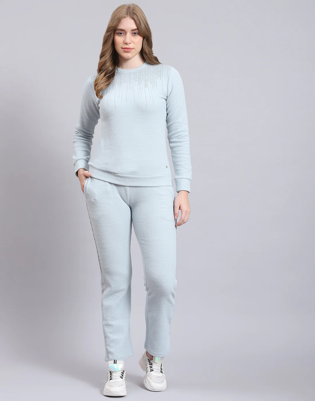 Women Grey Solid F Neck Full Sleeve Cords Set - Image 2