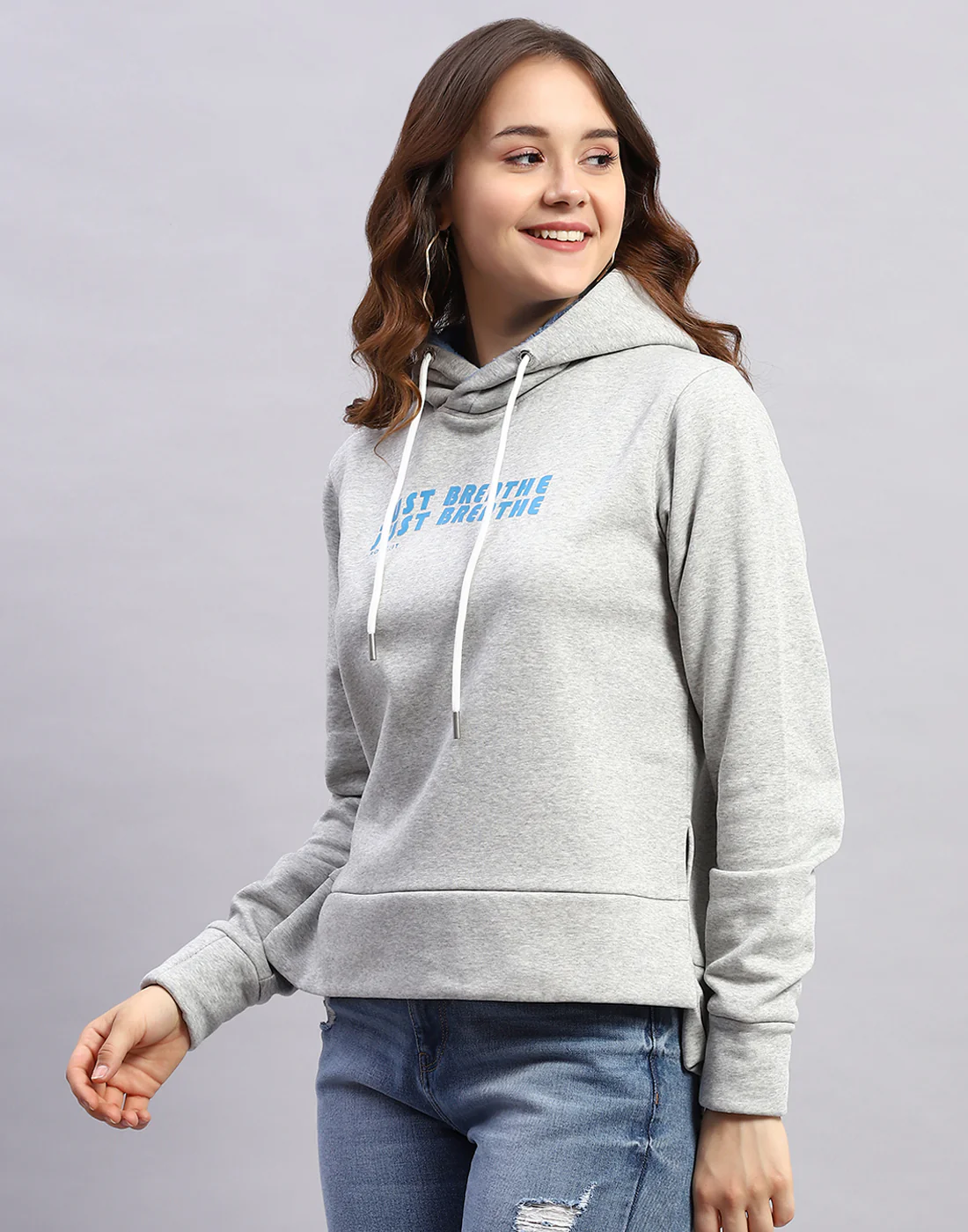 Rock.it Women Grey Solid Hooded Full Sleeve Sweatshirt - Image 3