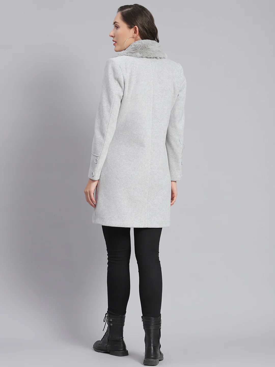 Women Grey Solid Lapel Collar Full Sleeve Coats - Image 5