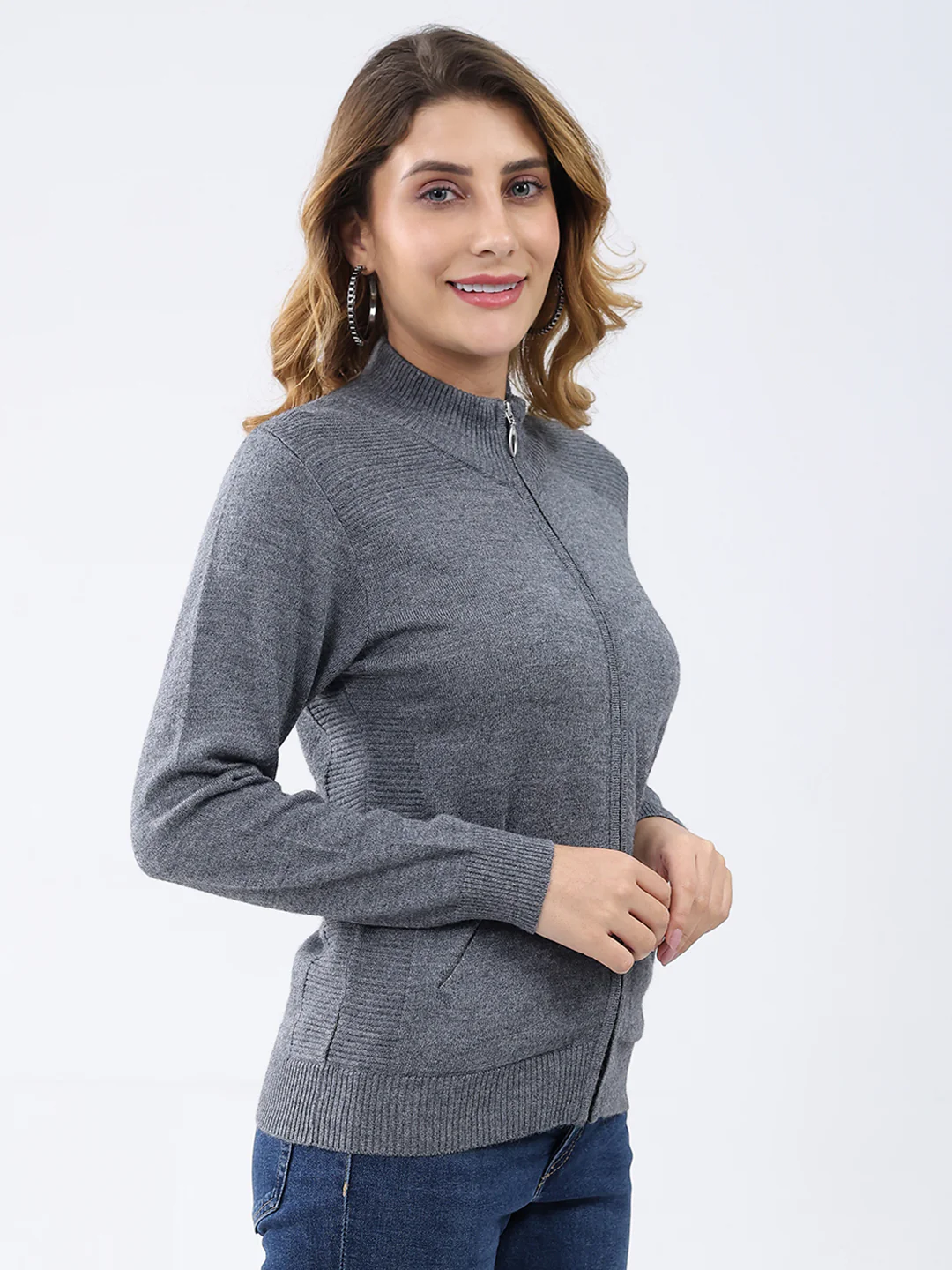 Women Grey Solid Mock Neck Full Sleeve Cardigan - Image 4
