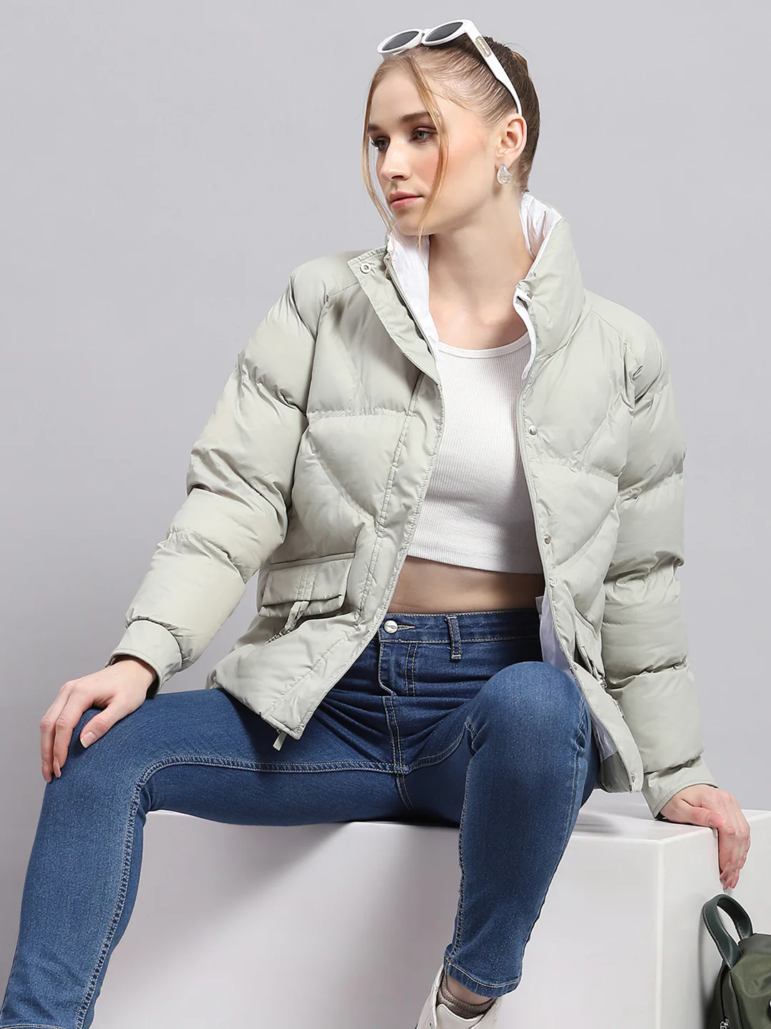 Women Grey Solid Mock Neck Full Sleeve Jacket - Image 6