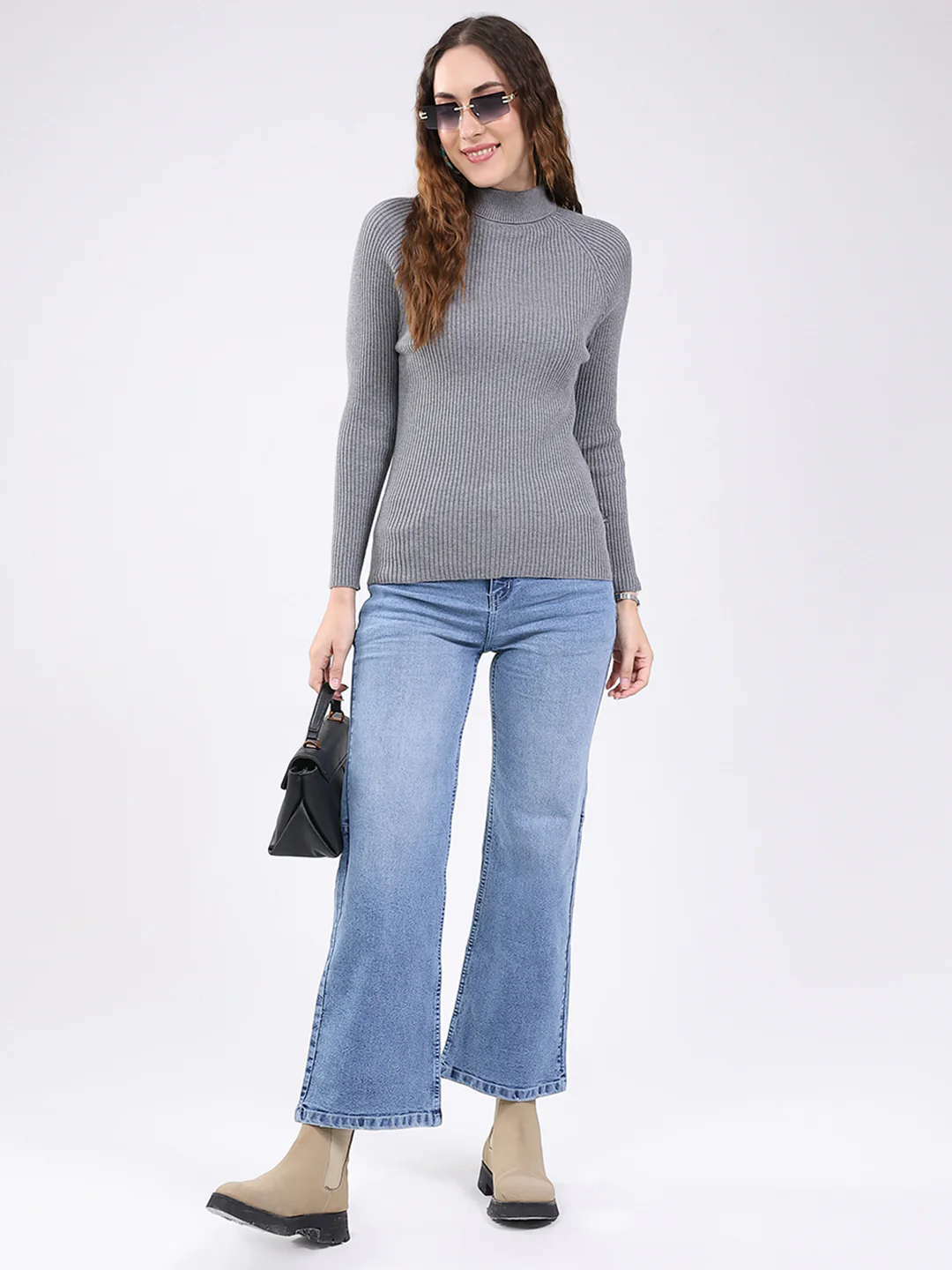Women Grey Solid Mock Neck Full Sleeve Sceavy - Image 2