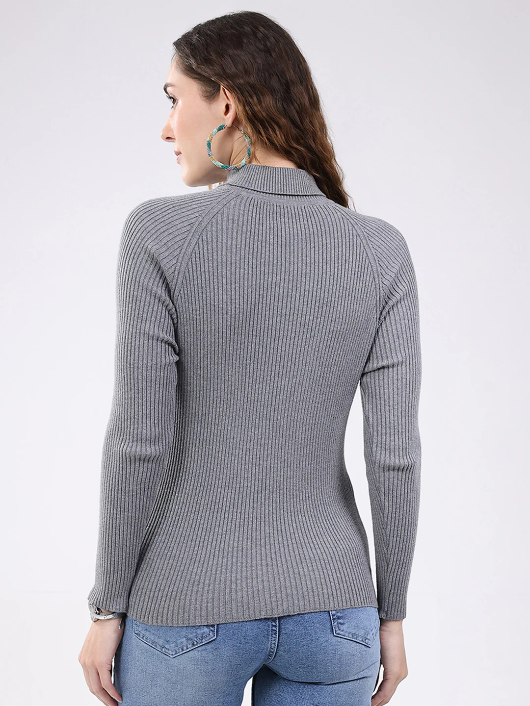 Women Grey Solid Mock Neck Full Sleeve Sceavy - Image 5