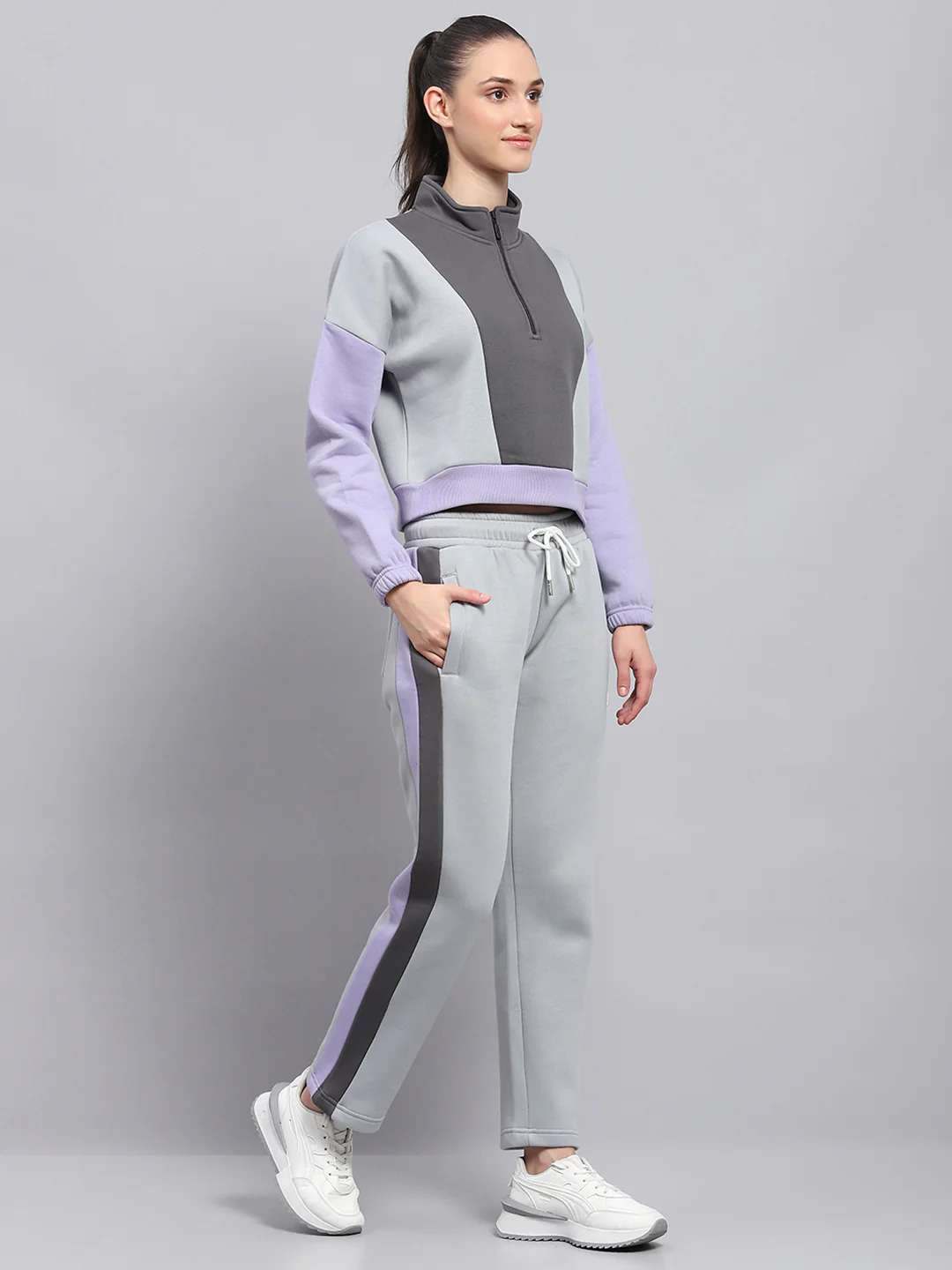 Rock.it Women Grey Solid Mock Neck Full Sleeve Tracksuit - Image 4