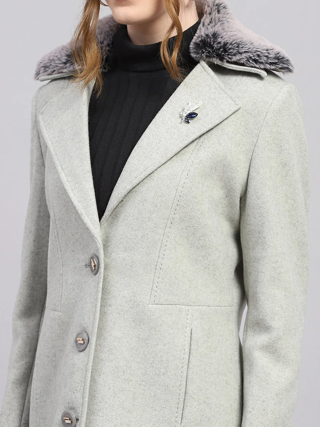 Women Grey Solid Notch lapel Collar Full Sleeve Coat - Image 7