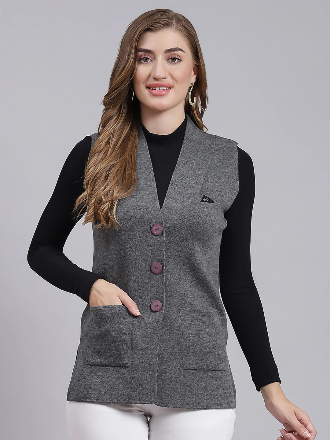 Women Grey Solid Pure wool Cardigan - Image 2