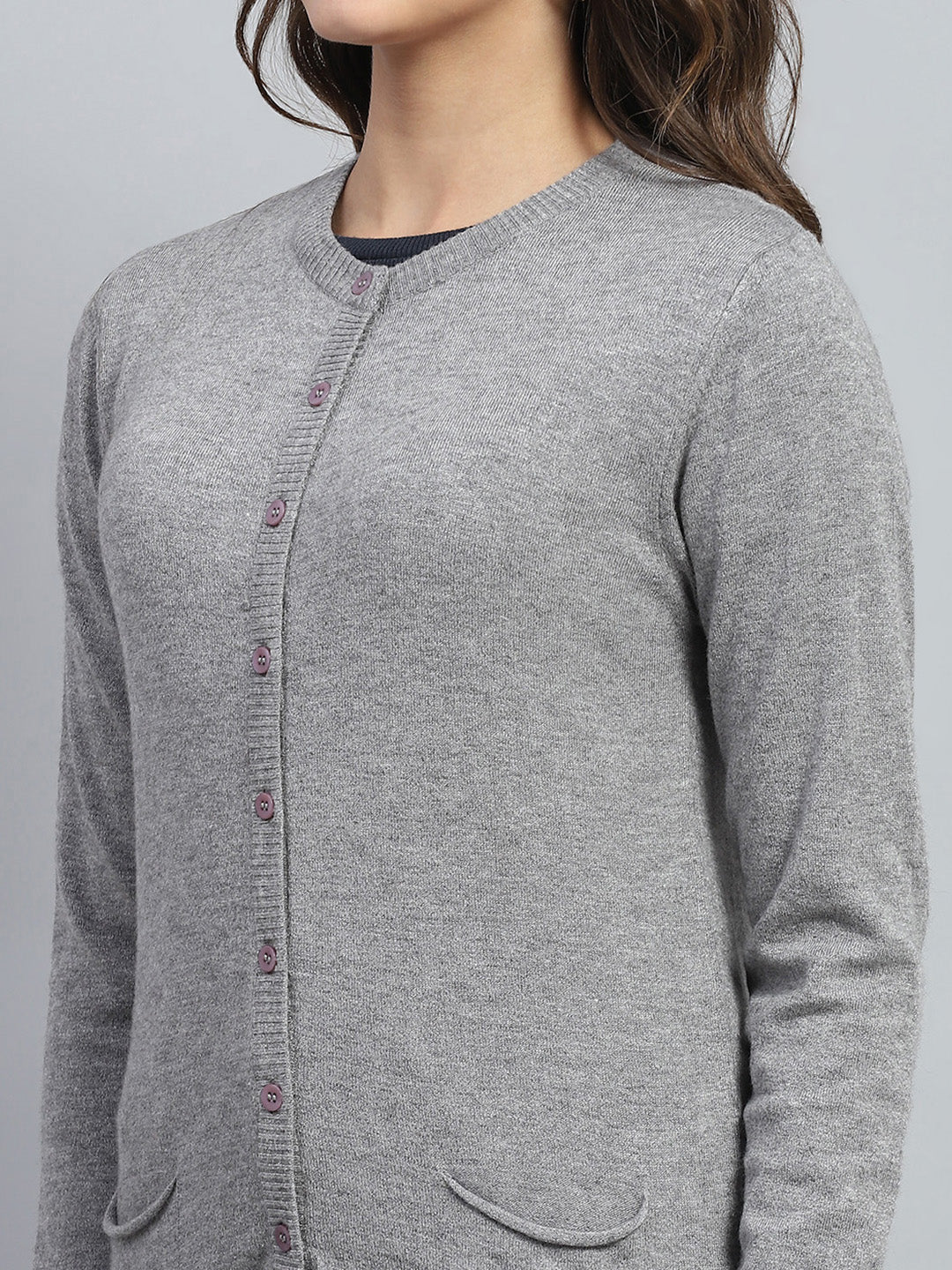 Women Grey Solid Round Neck Full Sleeve Cardigan - Image 6