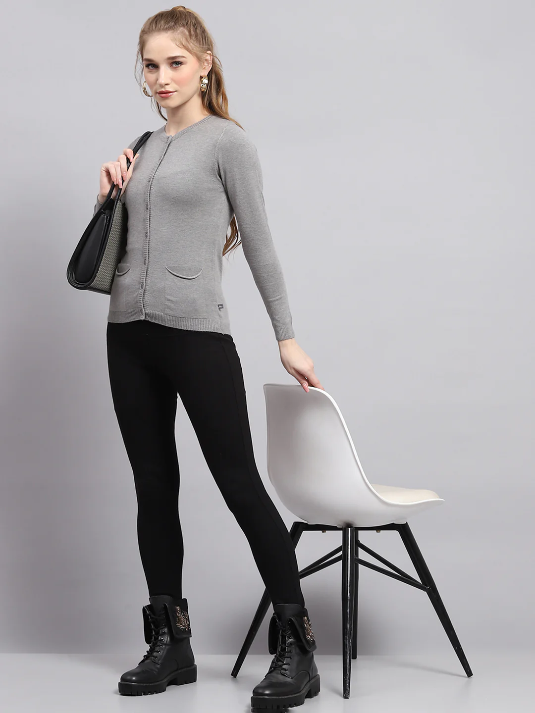 Women Grey Solid Round Neck Full Sleeve Cardigan - Image 2