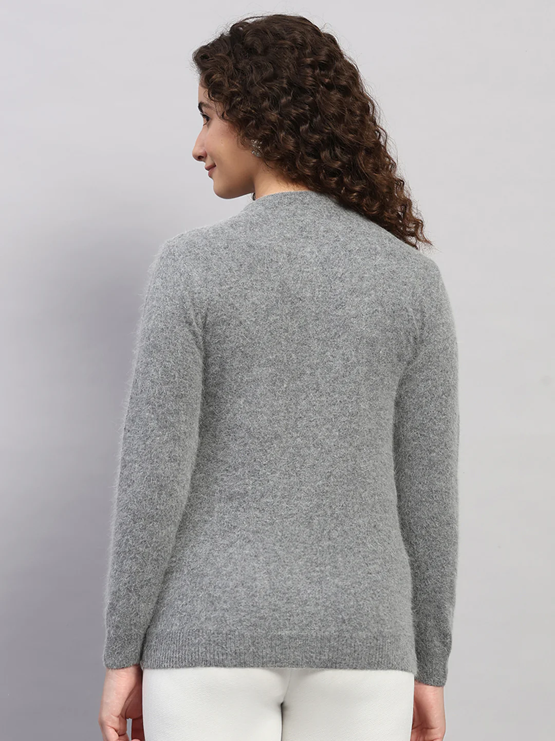 Women Grey Solid Round Neck Full Sleeve Cardigan - Image 5