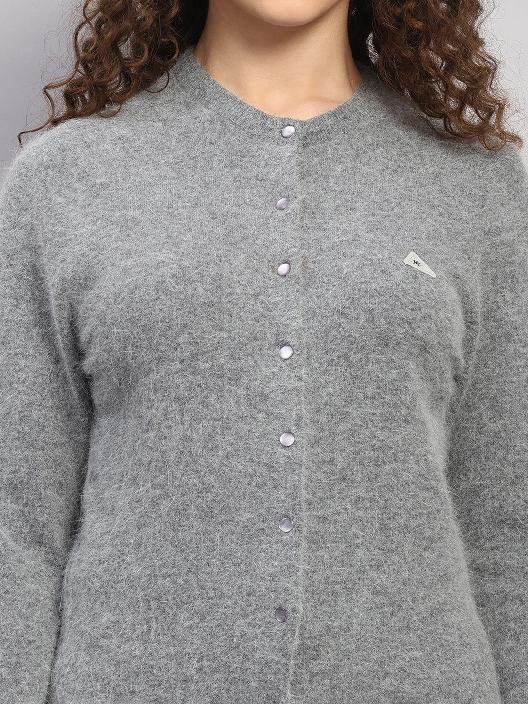 Women Grey Solid Round Neck Full Sleeve Cardigan - Image 6