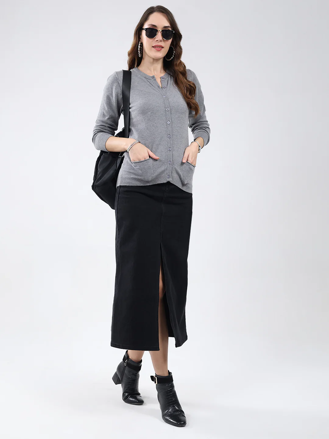 Women Grey Solid Round Neck Full Sleeve Cardigan - Image 2