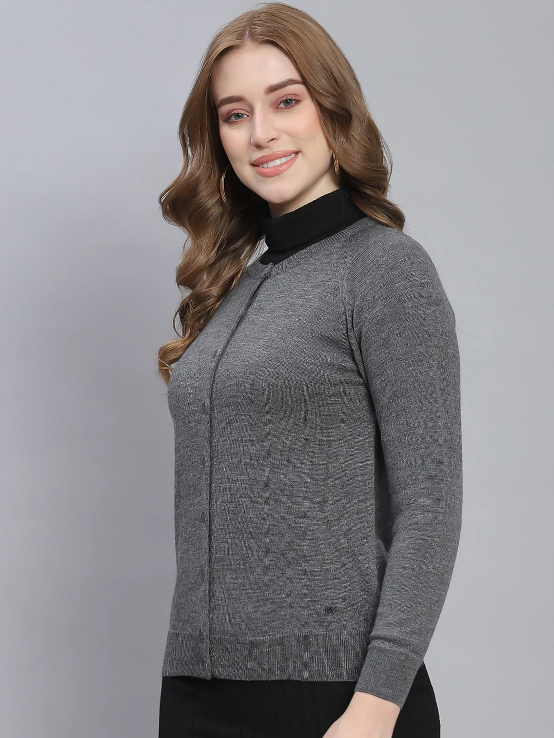 Women Grey Solid Round Neck Full Sleeve Cardigans - Image 3