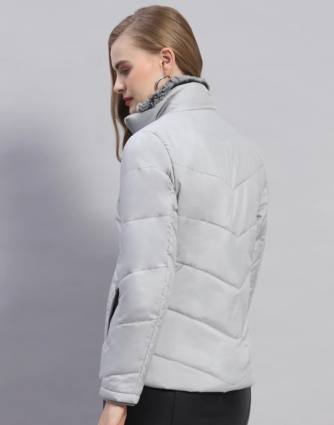 Women Grey Solid Stand Collar Full Sleeve Jacket - Image 5