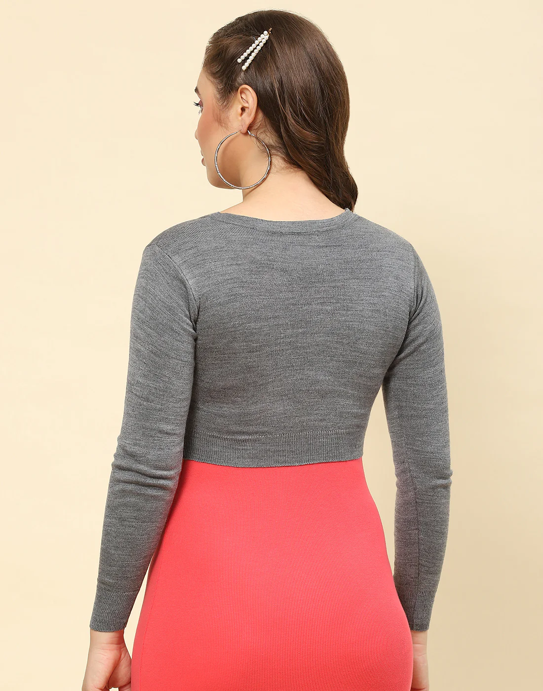 Women Grey Solid V Neck Full Sleeve Blouse - Image 5