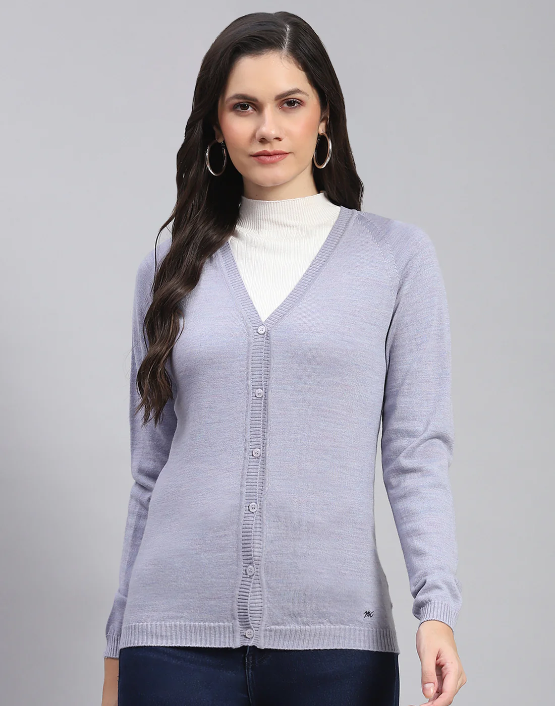 Women Grey Solid V Neck Full Sleeve Cardigan - Image 2