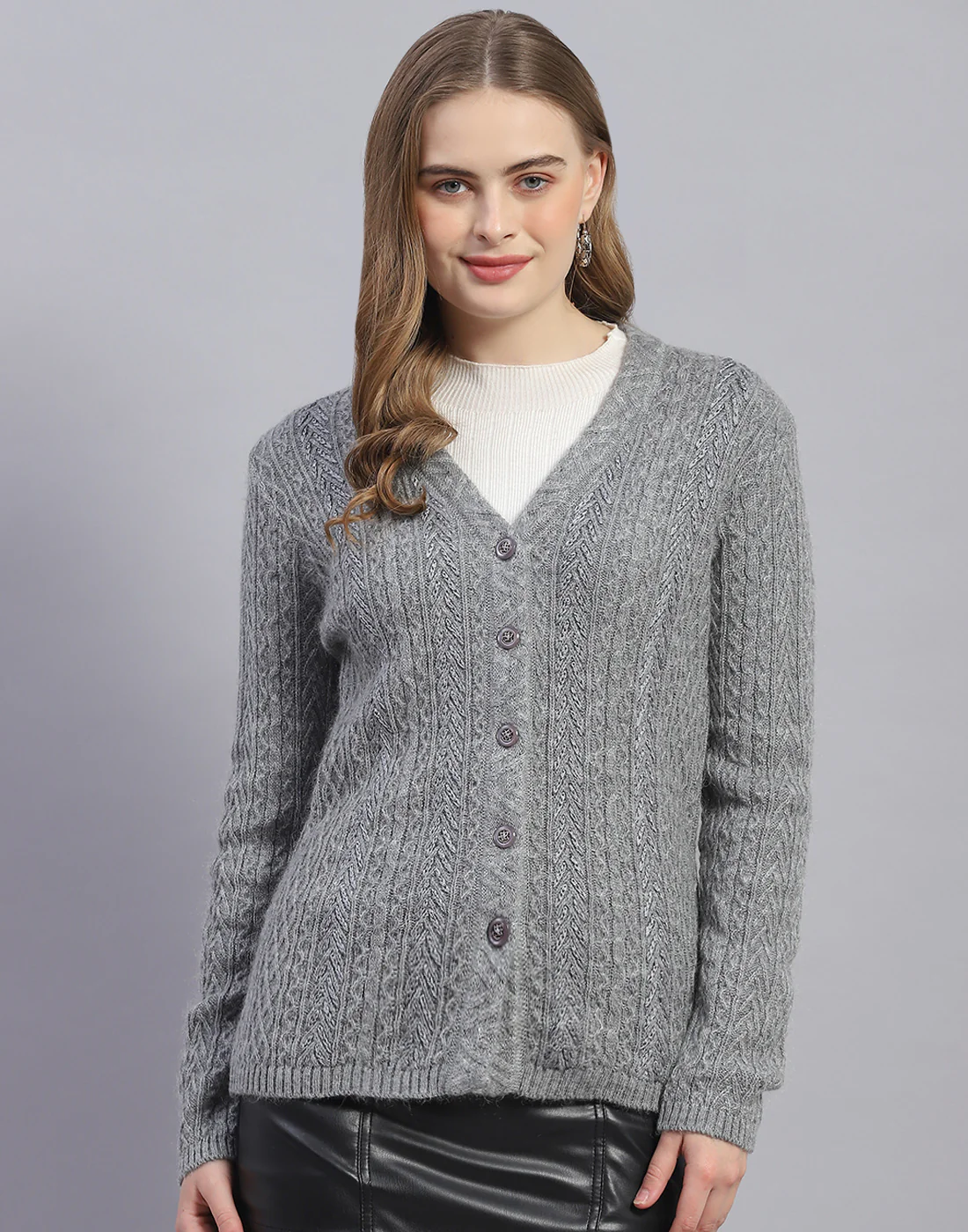Women Grey Solid V Neck Full Sleeve Cardigan - Image 2