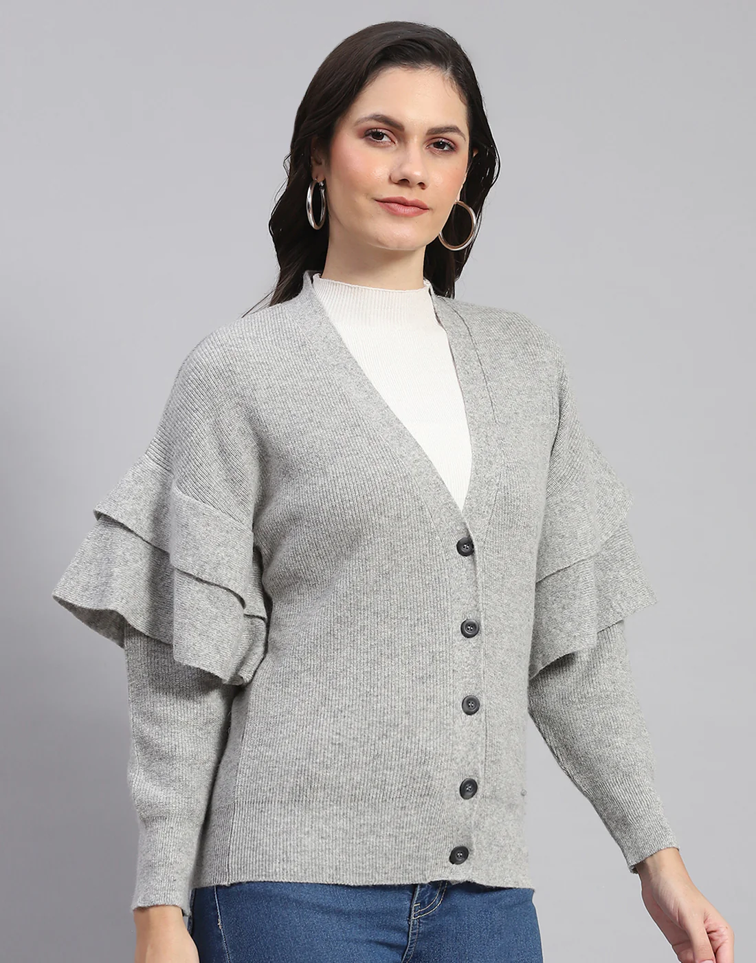 Women Grey Solid V Neck Full Sleeve Cardigan - Image 4