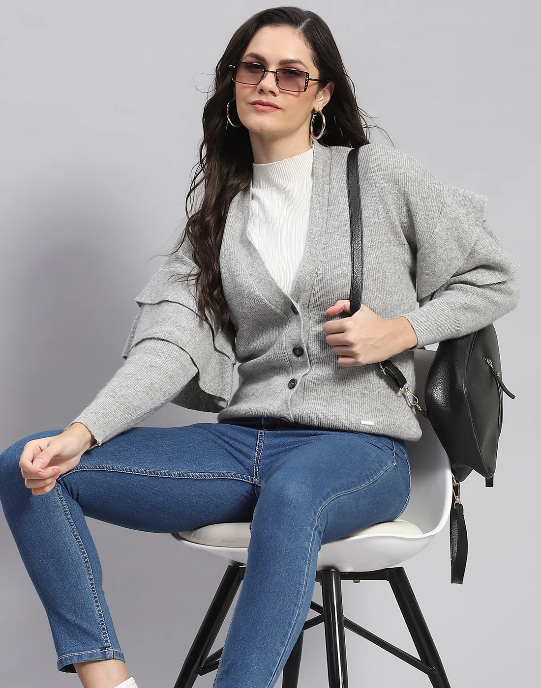 Women Grey Solid V Neck Full Sleeve Cardigan - Image 6