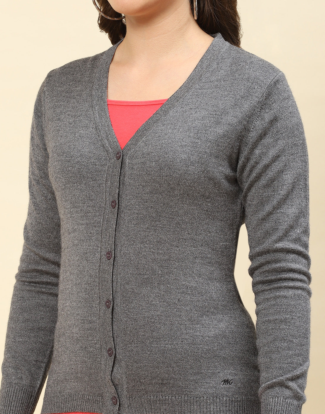 Women Grey Solid V Neck Full Sleeve Cardigan - Image 6