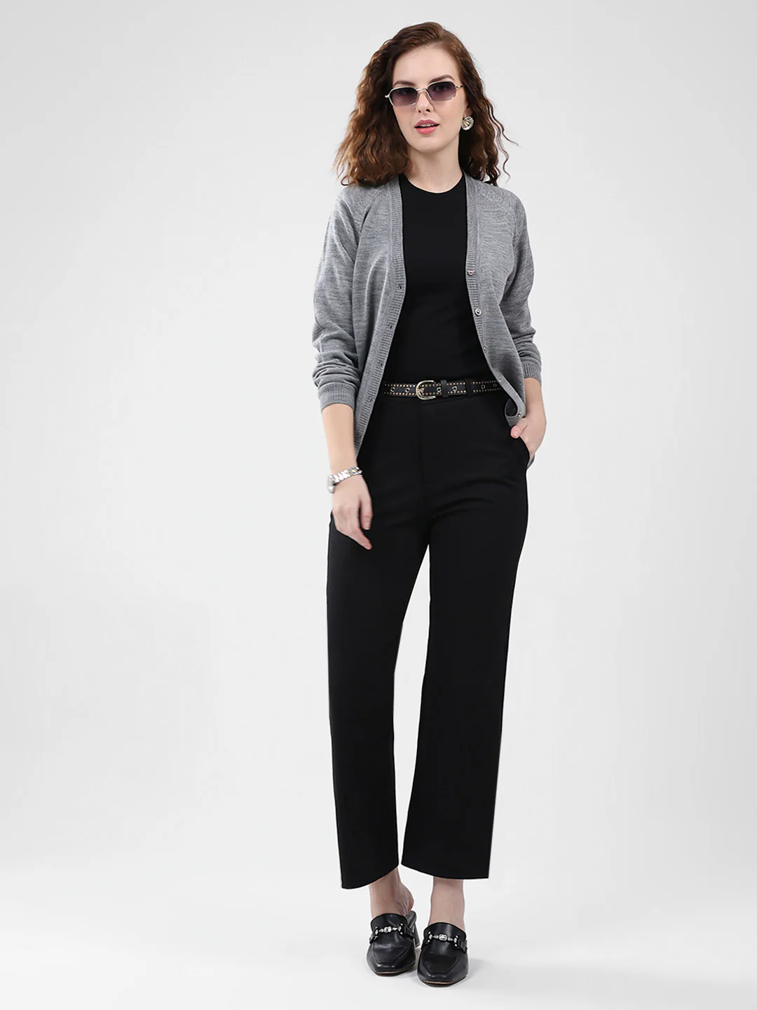 Women Grey Solid V Neck Full Sleeve Cardigan - Image 2