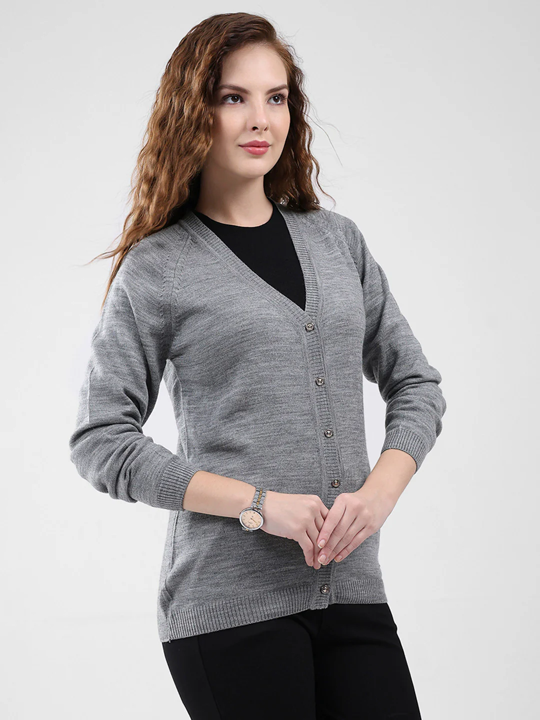Women Grey Solid V Neck Full Sleeve Cardigan - Image 4