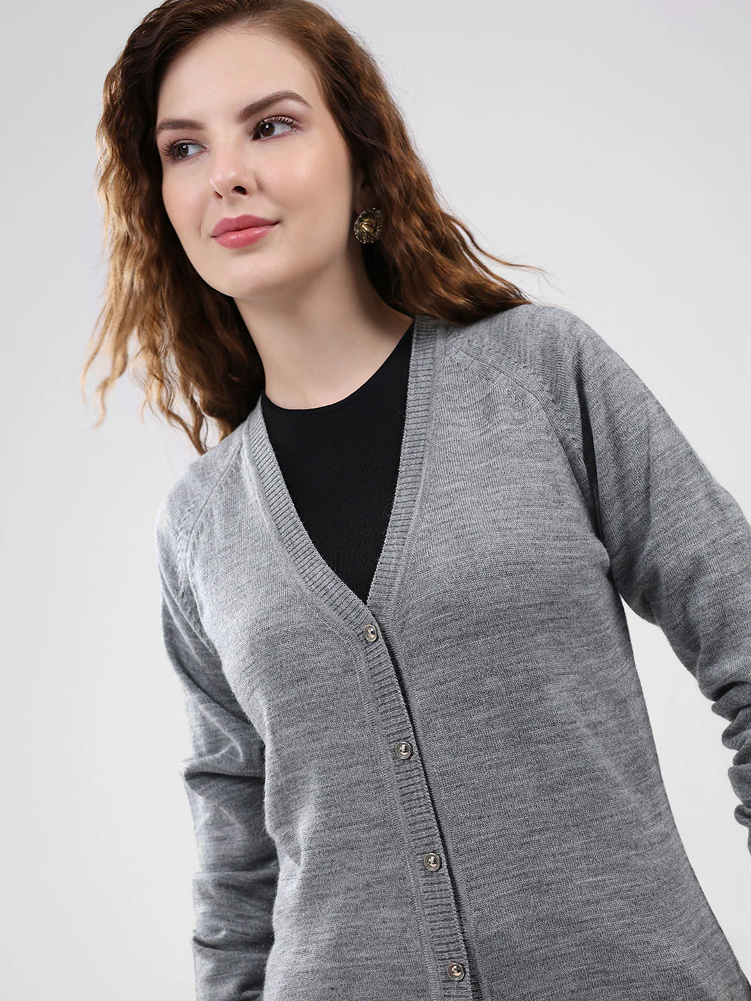 Women Grey Solid V Neck Full Sleeve Cardigan - Image 6