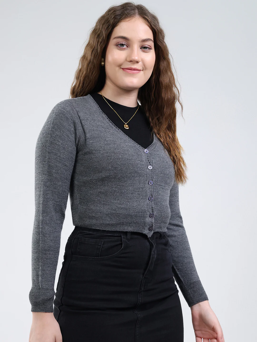 Women Grey Solid V Neck Full Sleeve Cardigan - Image 4