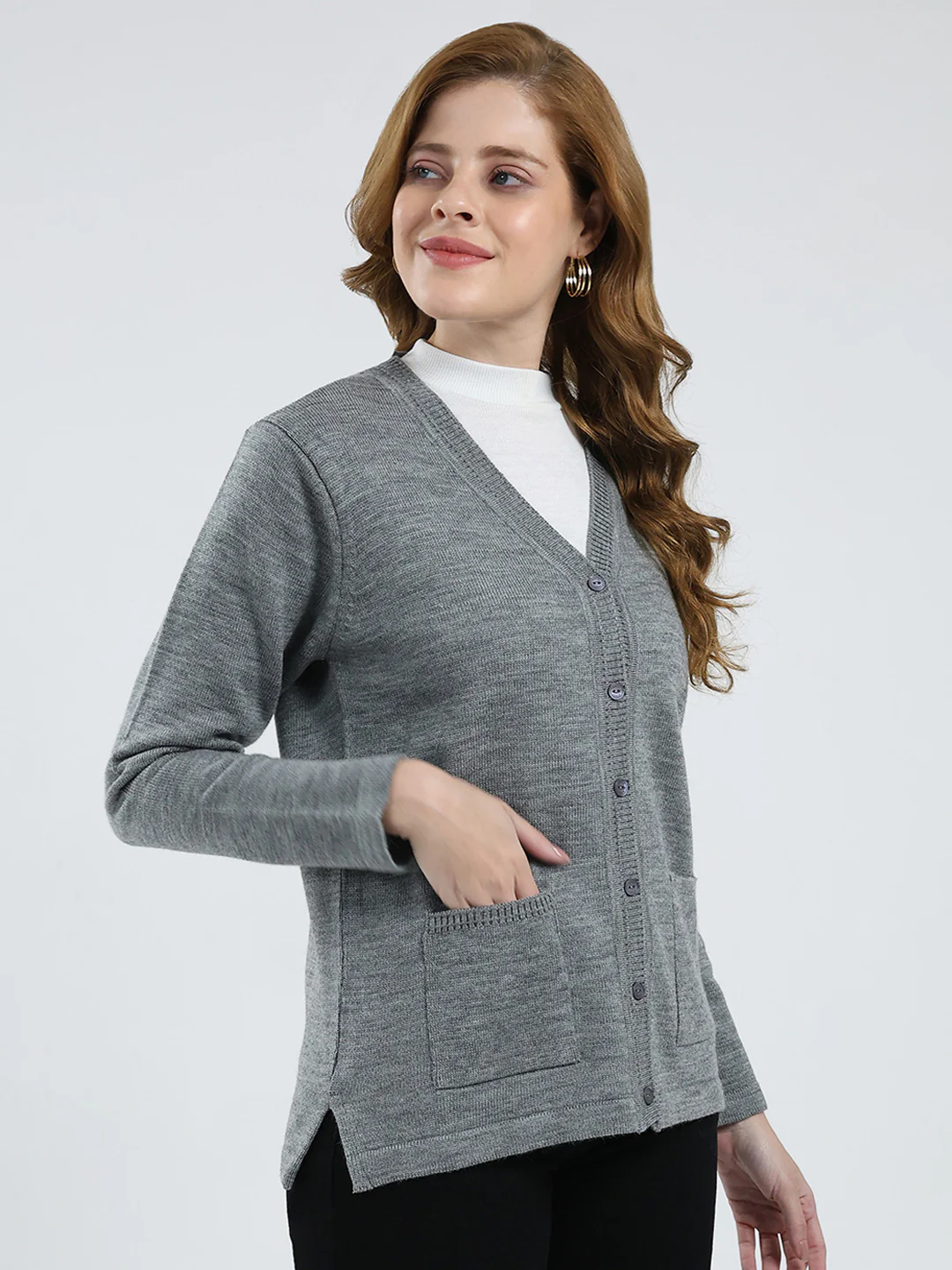 Women Grey Solid V Neck Full Sleeve Cardigan - Image 4