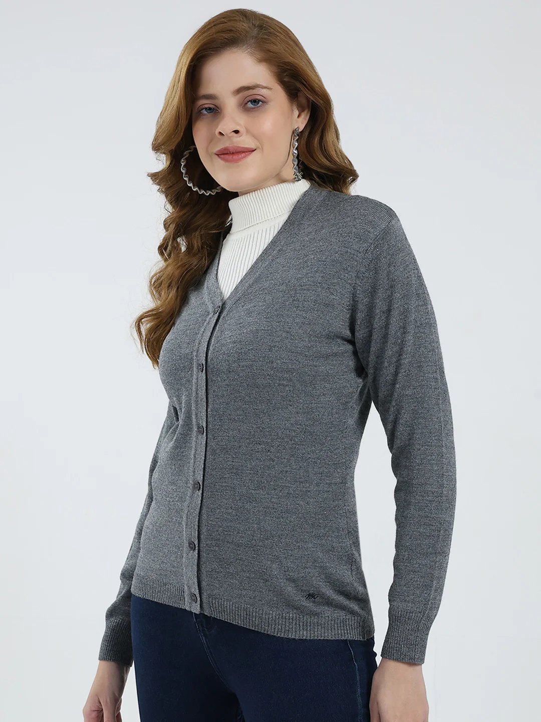 Women Grey Solid V Neck Full Sleeve Cardigan - Image 3