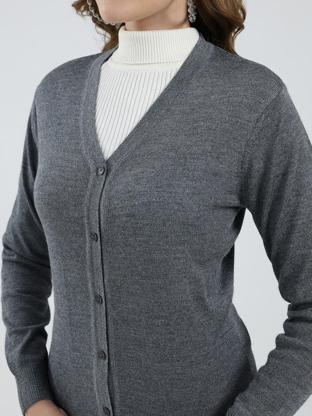 Women Grey Solid V Neck Full Sleeve Cardigan - Image 6
