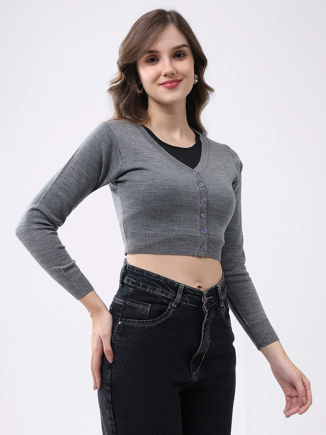 Women Grey Solid V Neck Full Sleeve Cardigan - Image 4