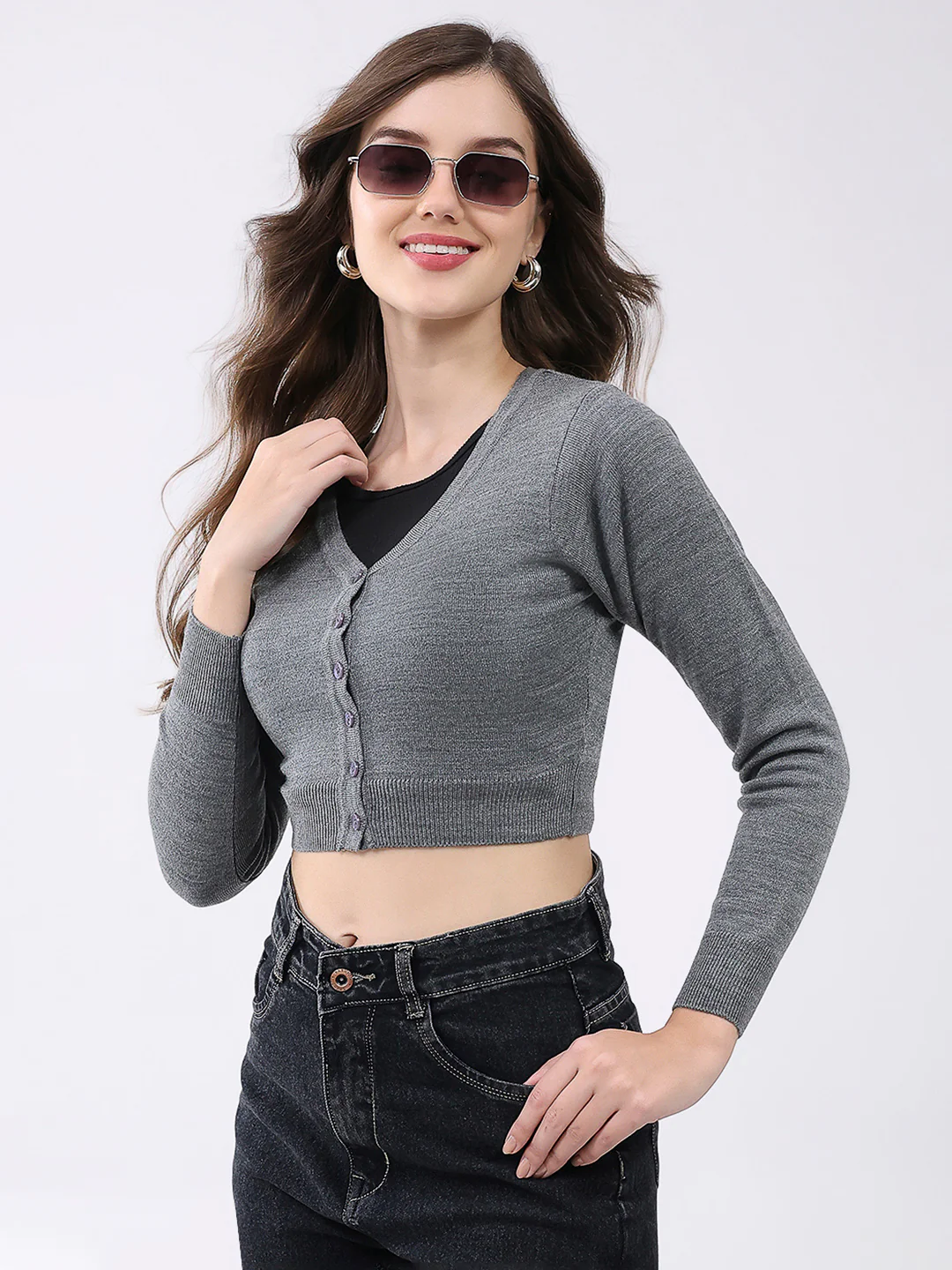 Women Grey Solid V Neck Full Sleeve Cardigan - Image 6