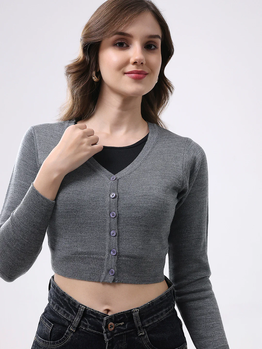 Women Grey Solid V Neck Full Sleeve Cardigan - Image 7