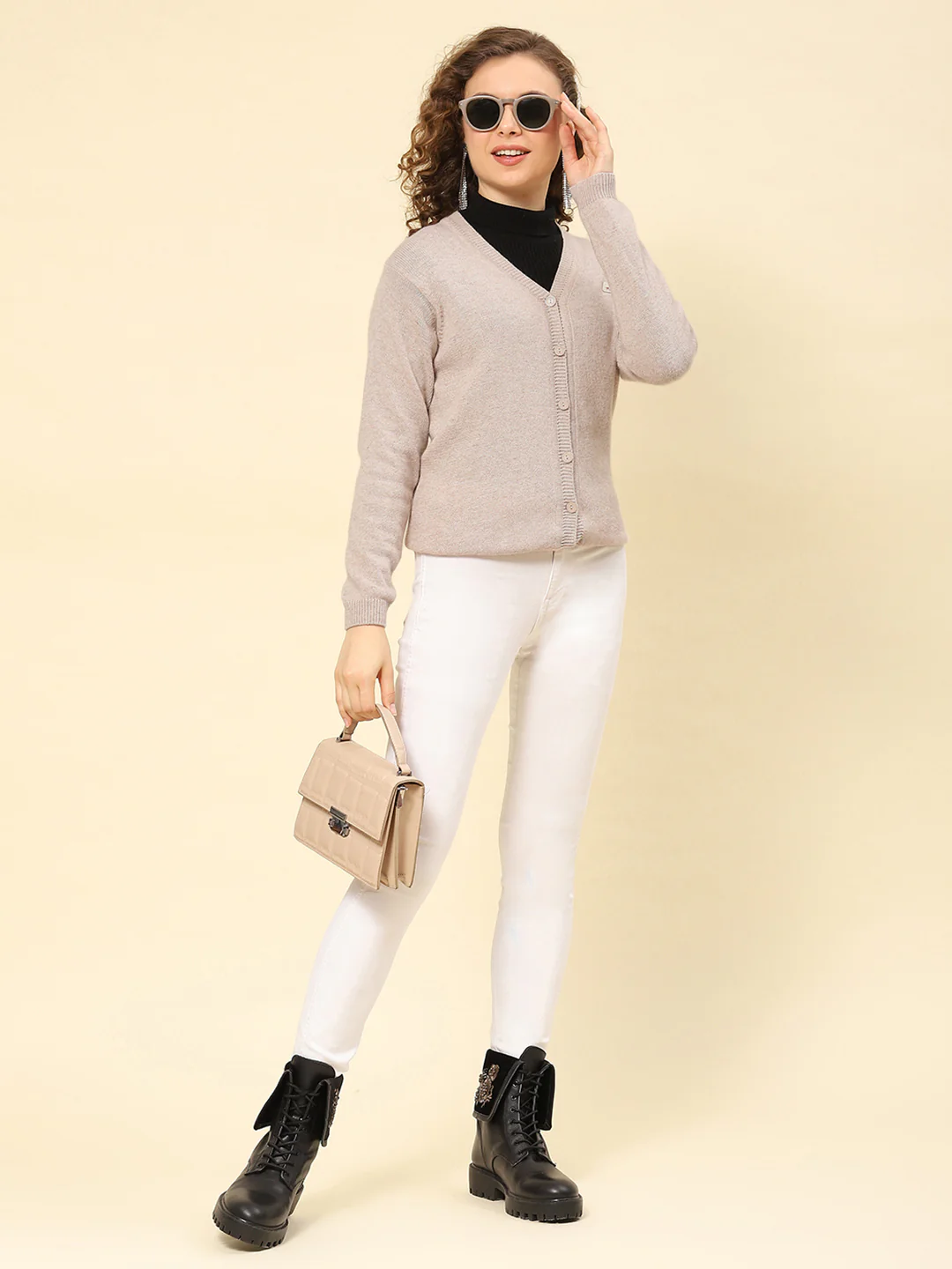 Women Grey Solid V Neck Full Sleeve Cardigans - Image 2