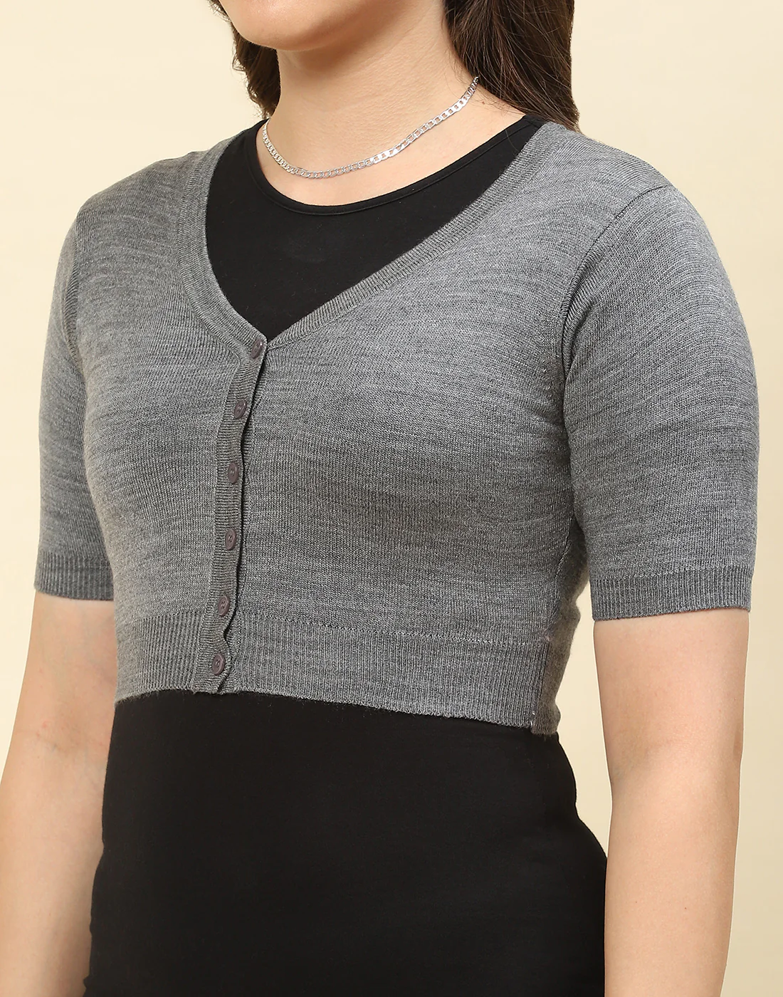 Women Grey Solid V Neck Half Sleeve Blouse - Image 6
