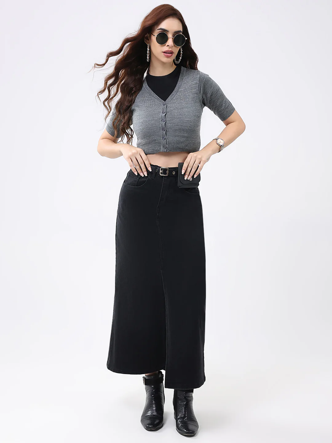 Women Grey Solid V Neck Half Sleeve Cardigan - Image 2