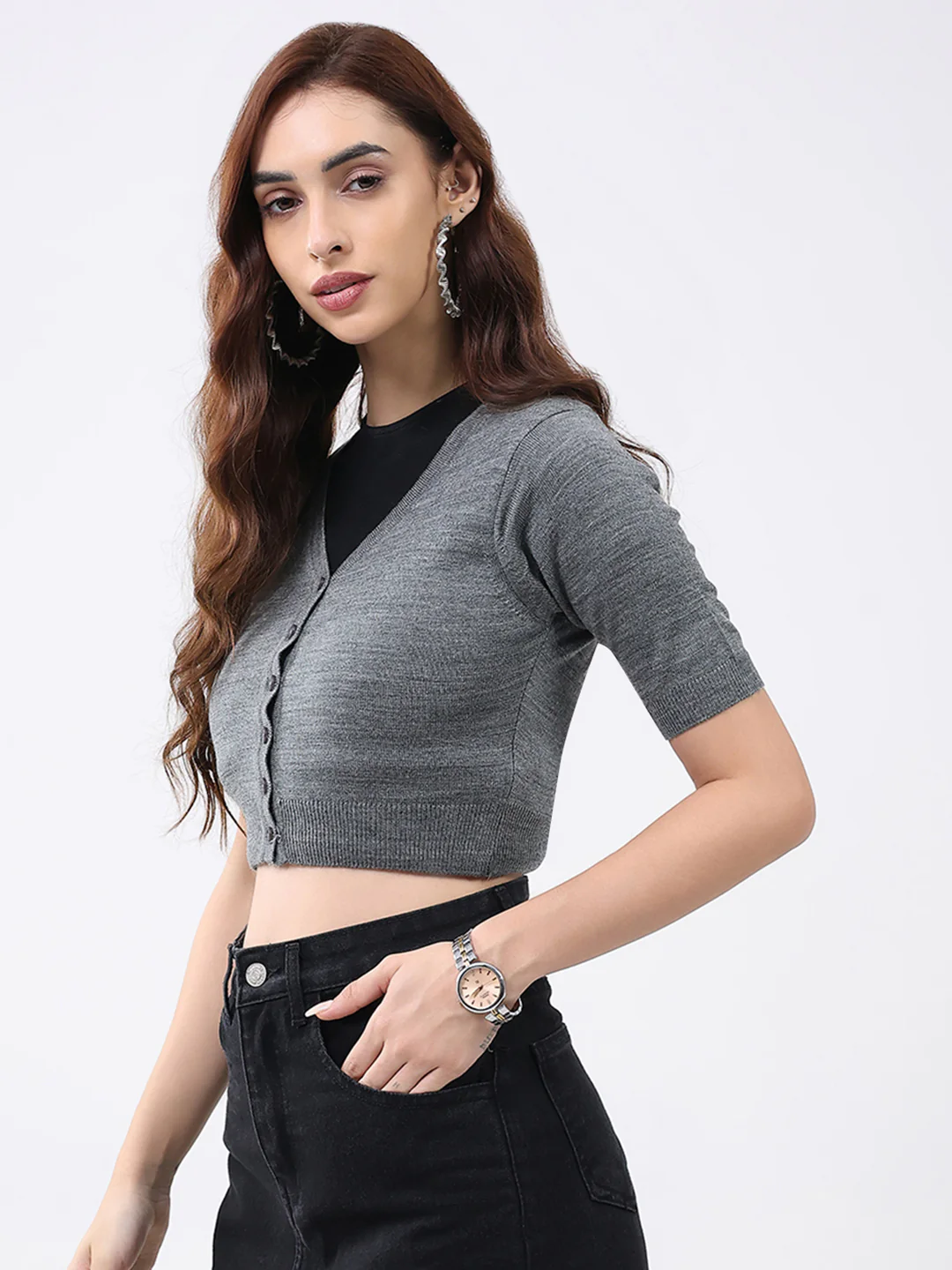 Women Grey Solid V Neck Half Sleeve Cardigan - Image 3