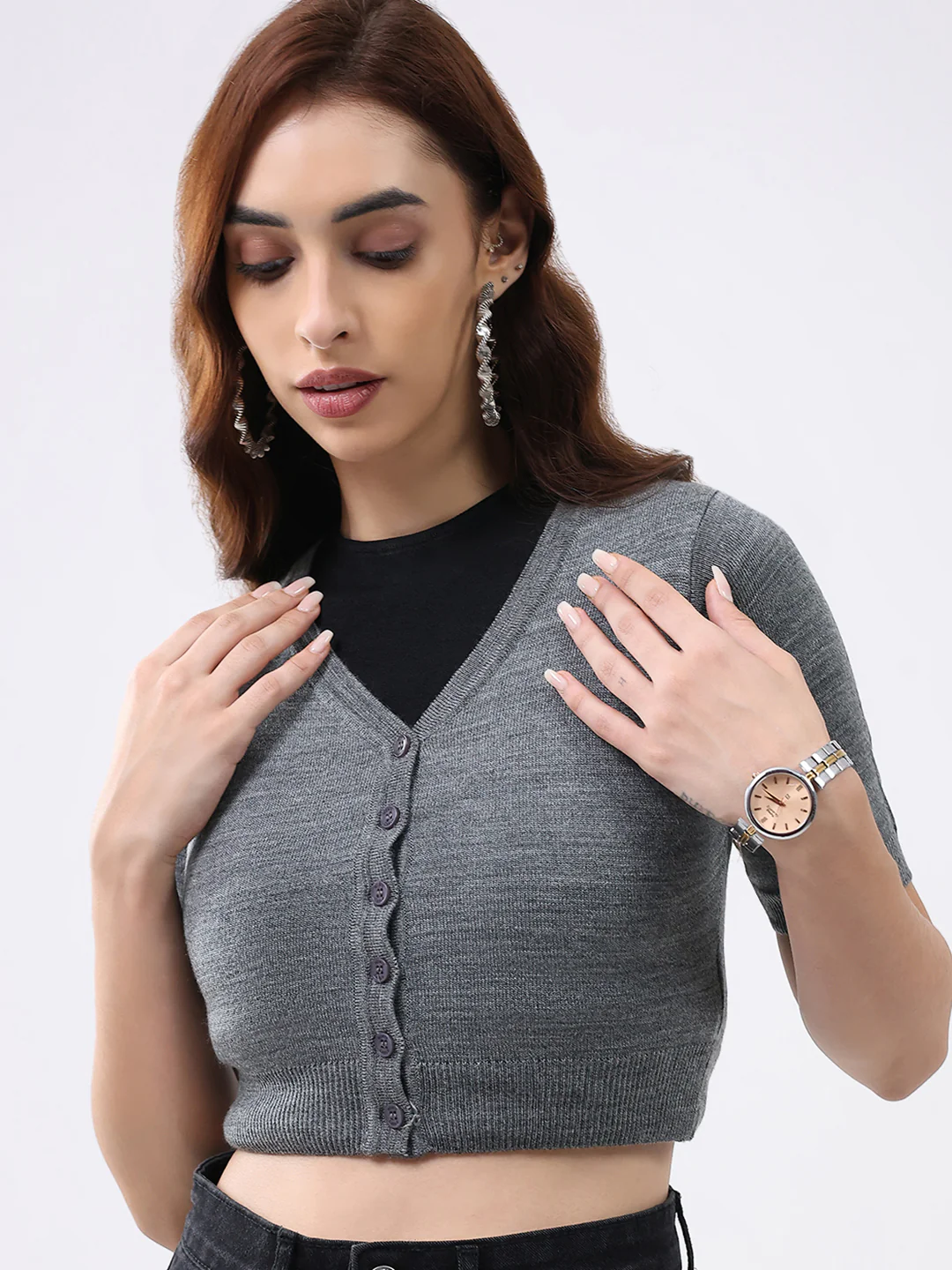 Women Grey Solid V Neck Half Sleeve Cardigan - Image 6