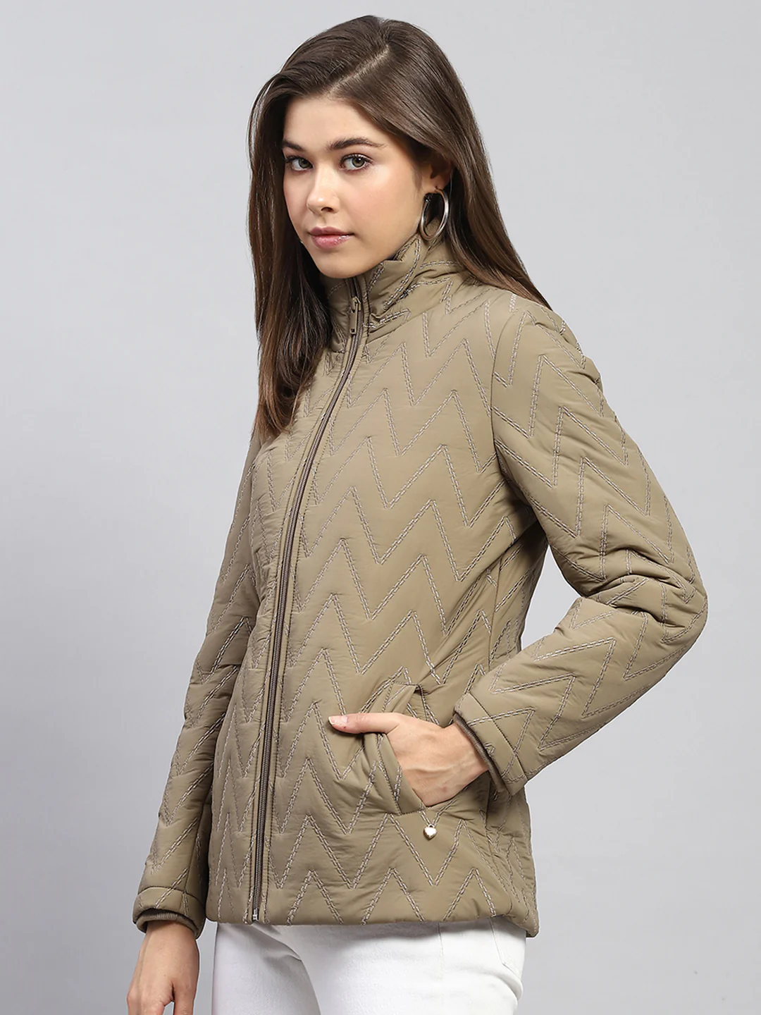 Women Khaki Embroidered Mock Neck Full Sleeve Jacket - Image 3