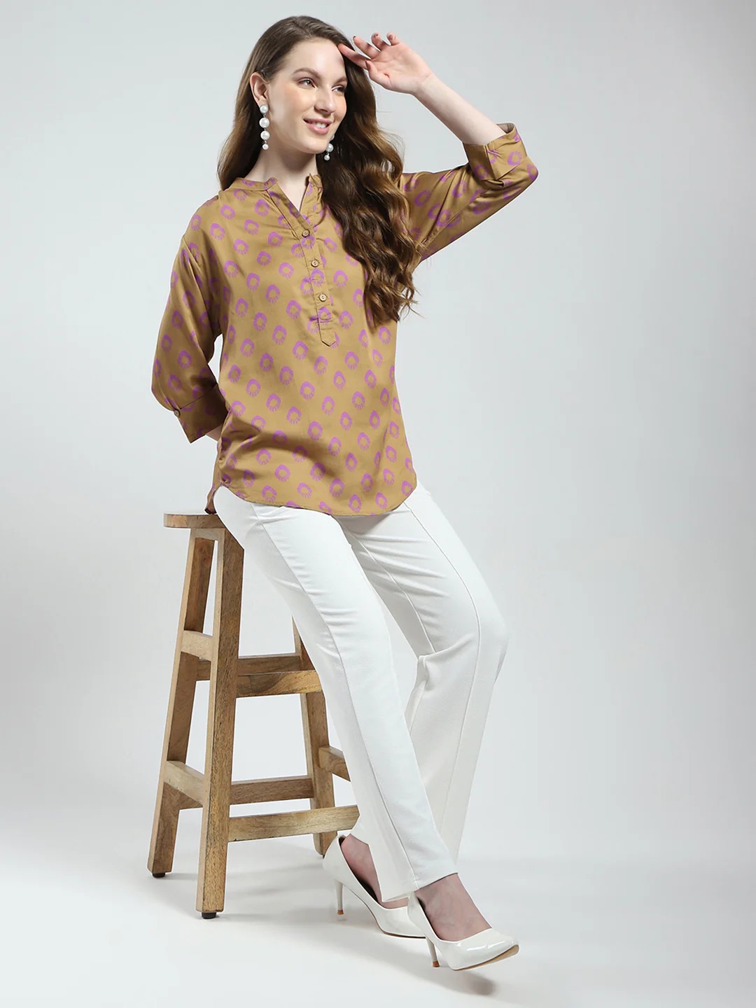 Women Khaki Printed Band Collar 3/4th Sleeve Top - Image 2