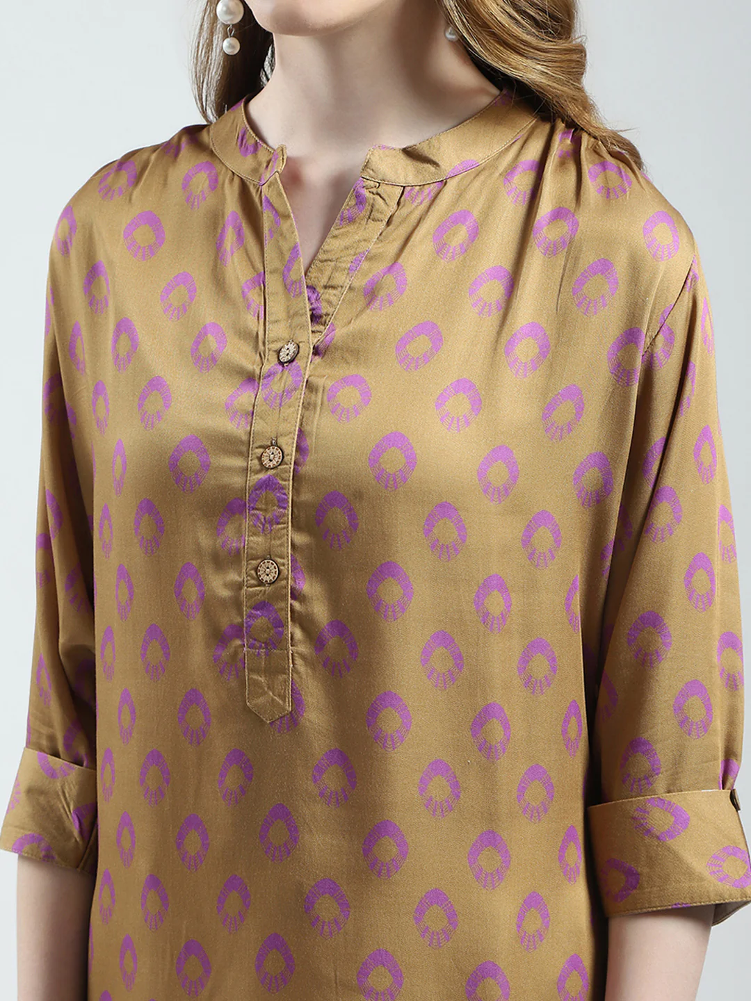 Women Khaki Printed Band Collar 3/4th Sleeve Top - Image 6