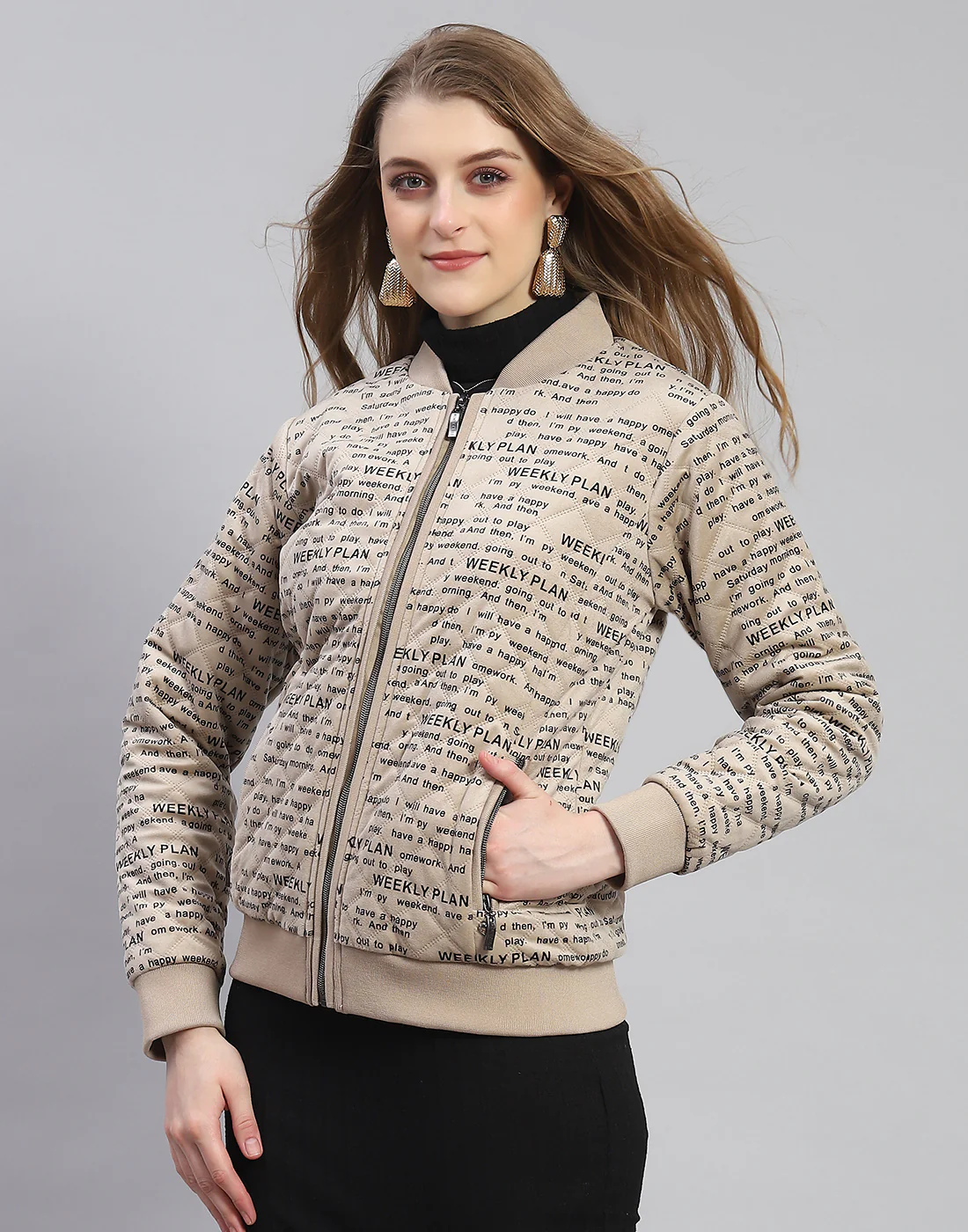 Women Khaki Printed Mandarin Collar Full Sleeve Jacket - Image 3