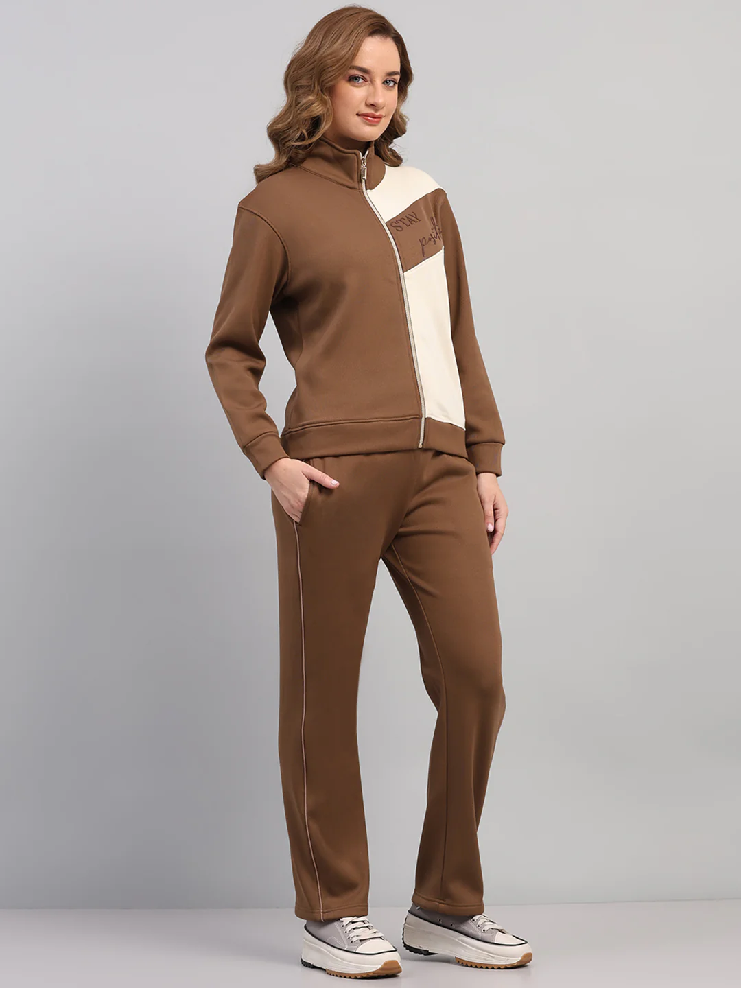 Women Khaki Printed Mock Neck Full Sleeve Winter Tracksuit - Image 4