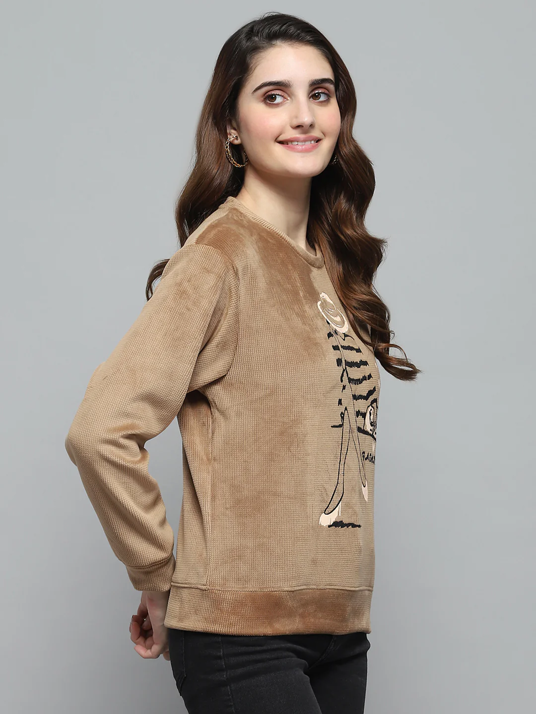 Women Khaki Printed Round Neck Full Sleeve Sweatshirt - Image 3